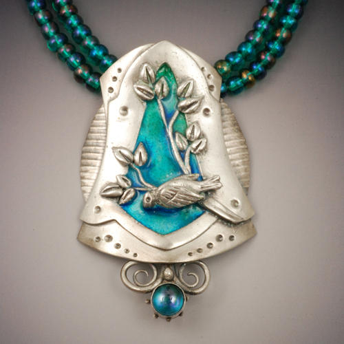 Vickie Hallmark | Aloft - bird necklace,  fine silver metal clay, enamel, blue topaz