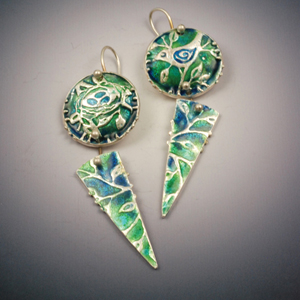 Vickie Hallmark | Bird and Nest earrings, fine silver metal clay with enamel