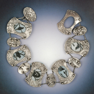 Vickie Hallmark | Birdwatching bracelet, fine silver metal clay, handpainted enamel on glass