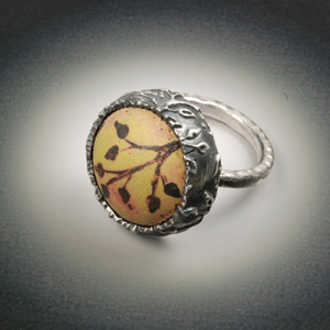 Vickie Hallmark | Branch enamel ring, enamel on etched copper set in fine silver metal clay