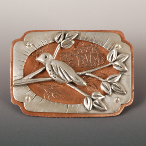 Vickie Hallmark | Freebird brooch, riveted fine silver metal clay with etched copper insert