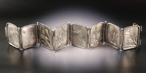Vickie Hallmark | Skyline hinged bracelet, fine silver metal clay